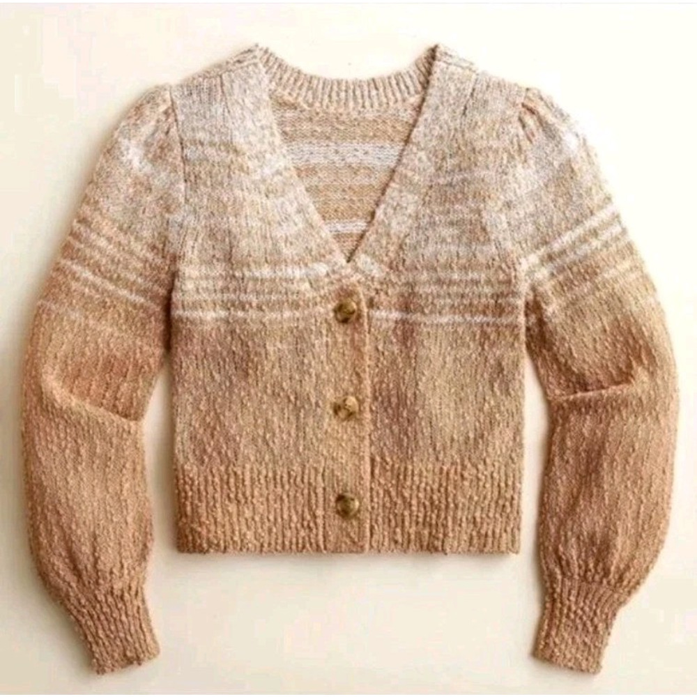 J.Crew Space Dyed Puff Sleeve Cardigan Sweater Sandy Beach Womens Medium Brown
